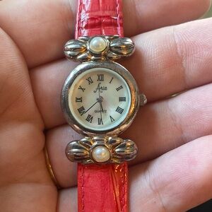 Aria Ladies Watch with Pearl Accents and Leather Band in Coral Color